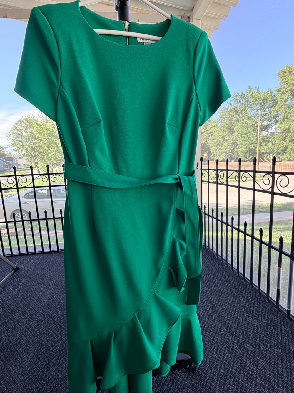 Calvin Klein Emerald Green Short-Sleeve Tie-Waist Ruffle Dress
